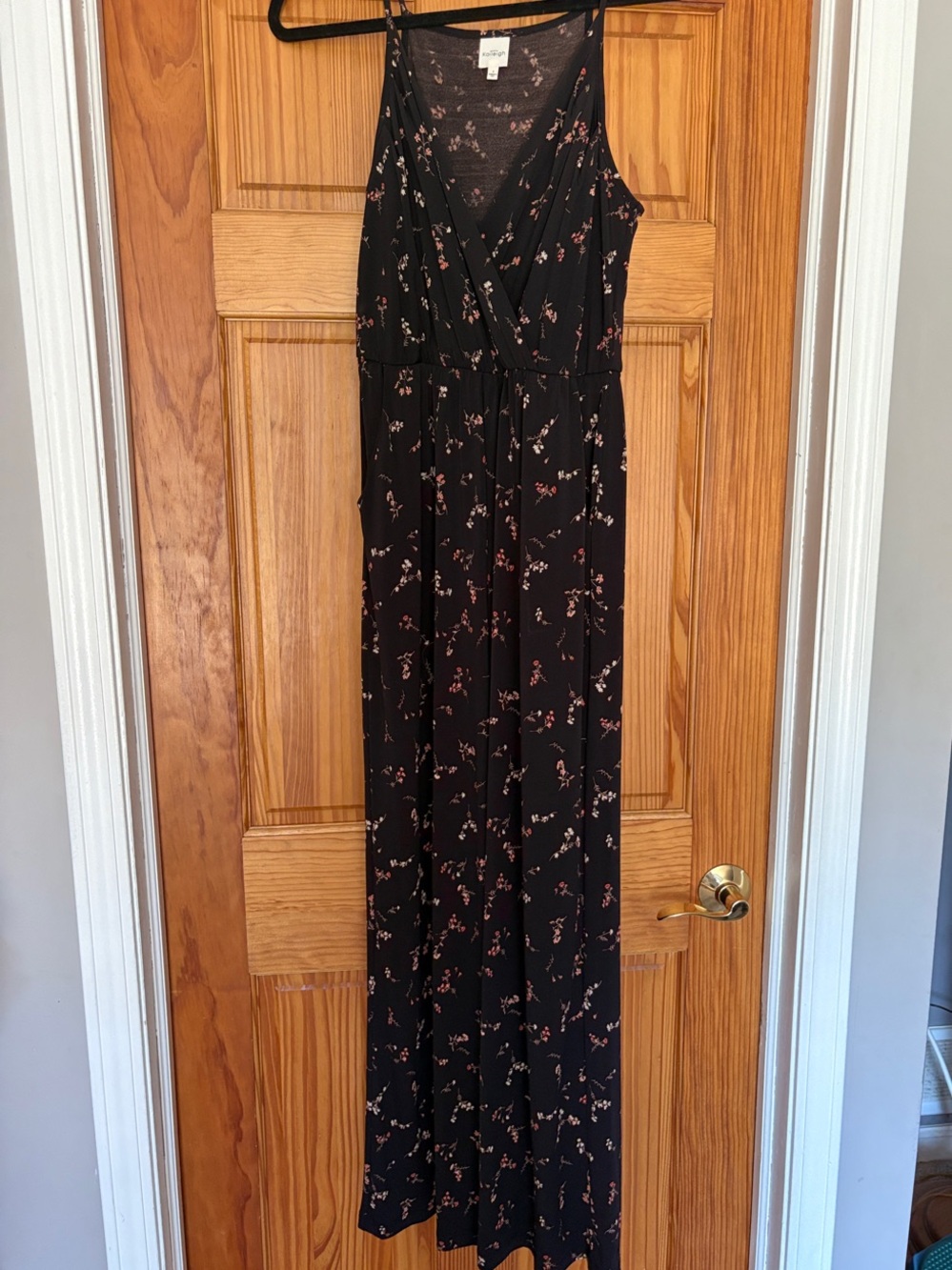 Black Floral Wide Leg Jumpsuit with Pink Buds- wrap front, size small